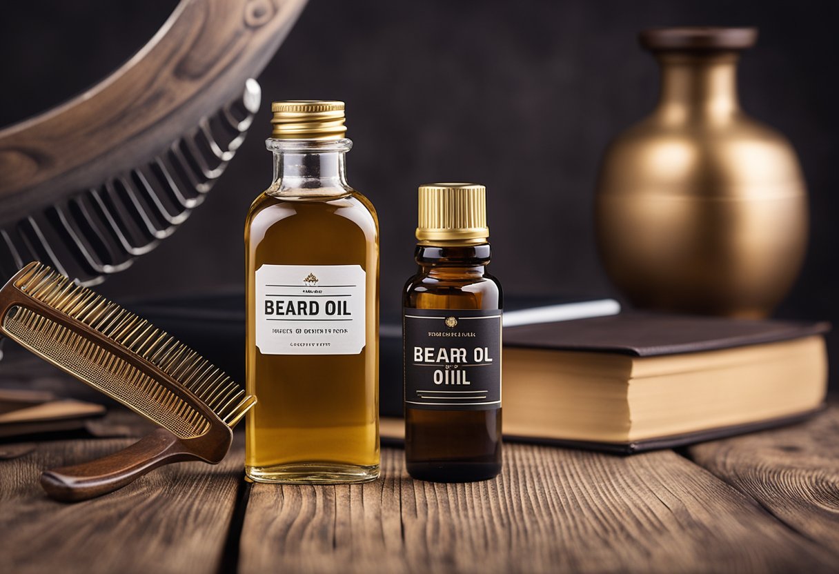 A bottle of beard oil and a comb on a wooden table, with a long beard care book beside them