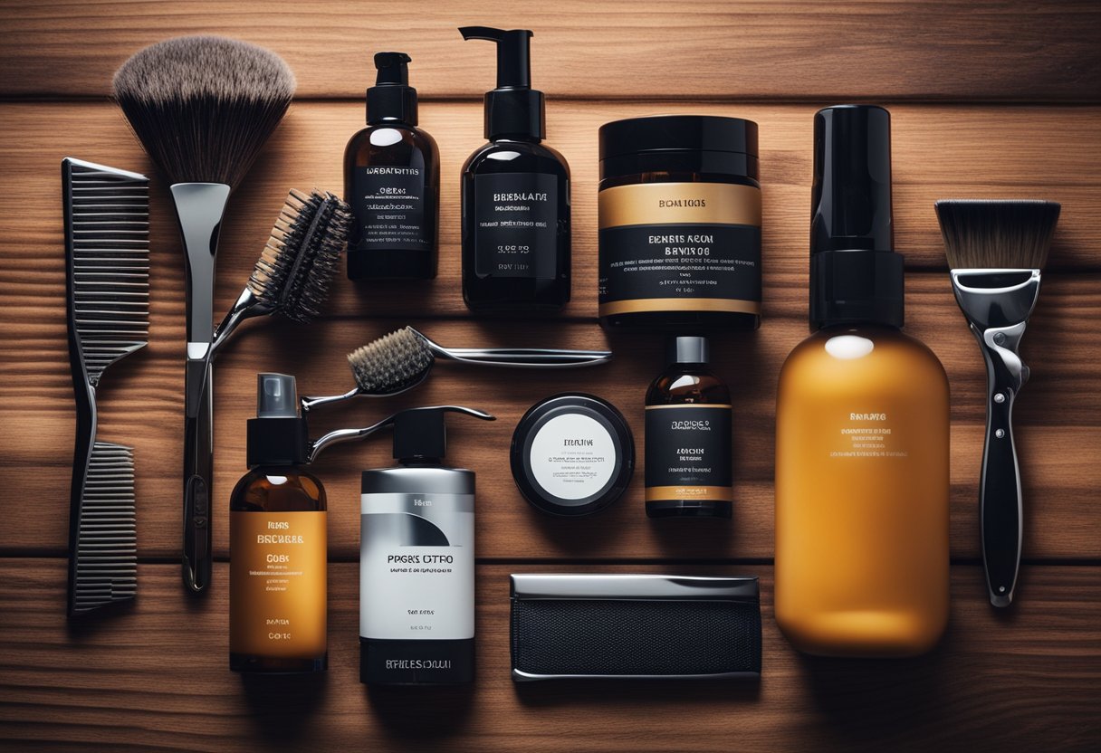 A bearded man's grooming tools and products neatly arranged on a wooden table, with a mirror in the background