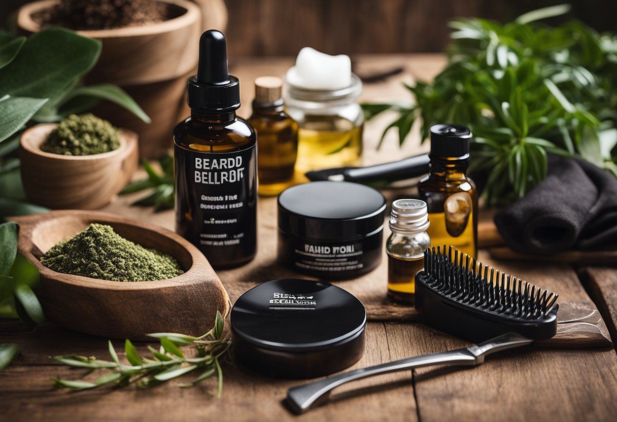 A bearded man's grooming products and tools laid out on a wooden table, with a comb, beard oil, scissors, and a brush, surrounded by greenery and natural elements