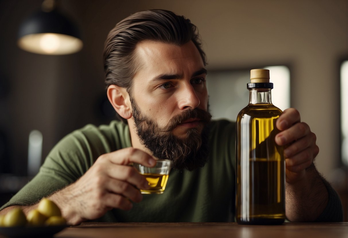 A bottle of olive oil sits next to a neatly groomed beard. The oil is being poured onto the beard, making it softer and stronger