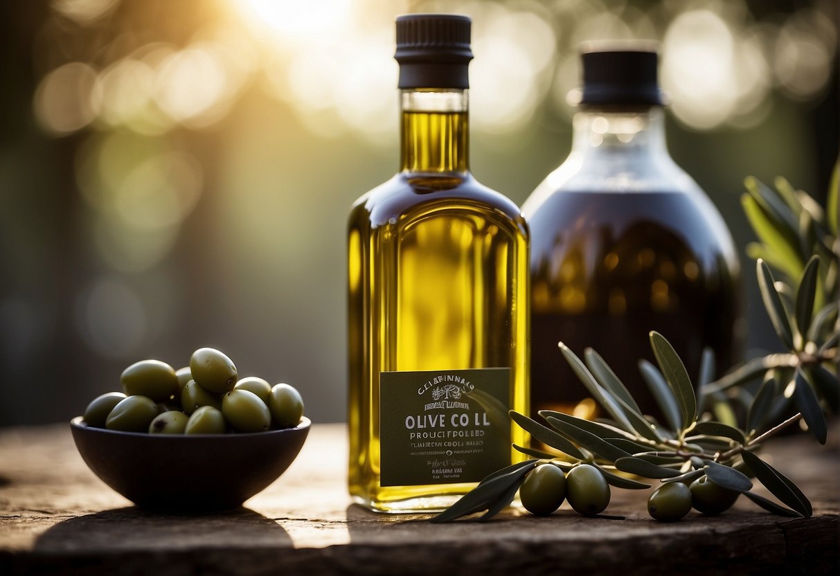 A bottle of olive oil next to a rugged, well-groomed beard, with a soft glow highlighting its shine and strength