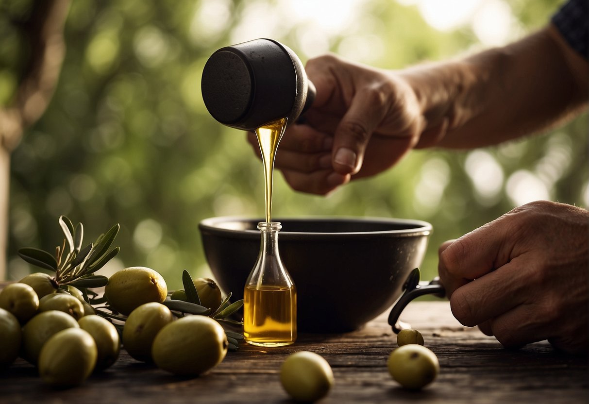 A bottle of olive oil pouring onto a beard, making it softer and stronger