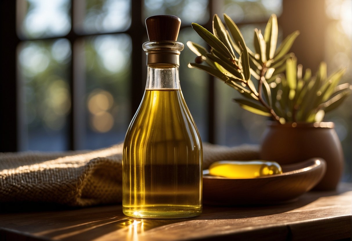 A bottle of olive oil sits on a wooden shelf, next to a comb and a brush. Sunlight streams through a window, casting a warm glow on the scene