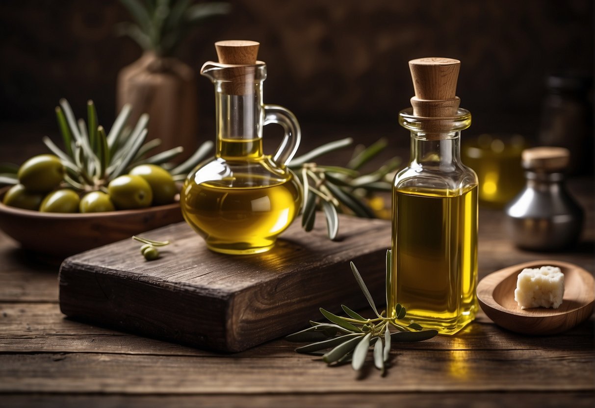 A bottle of olive oil sits on a wooden table, surrounded by various grooming tools and a lush, healthy-looking beard