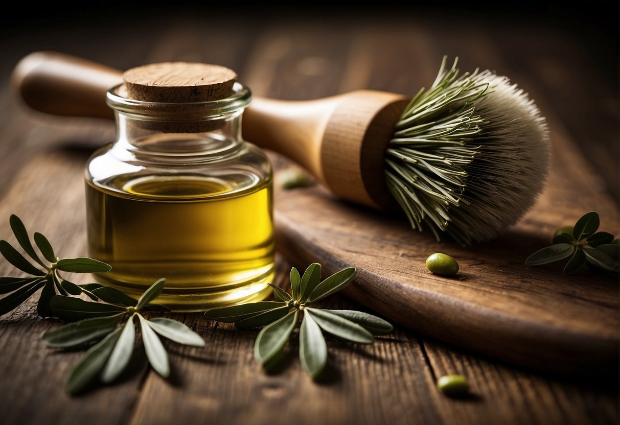 A bottle of olive oil sits on a wooden tabletop next to a beard brush and comb. The oil glistens in the soft light, inviting use for beard care