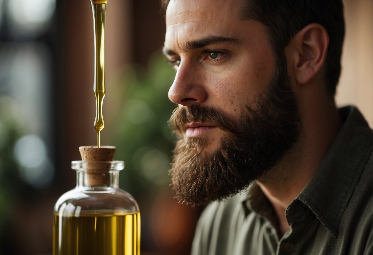 A bottle of olive oil sits next to a shiny, well-groomed beard. The oil is being poured onto the beard, making it softer and stronger