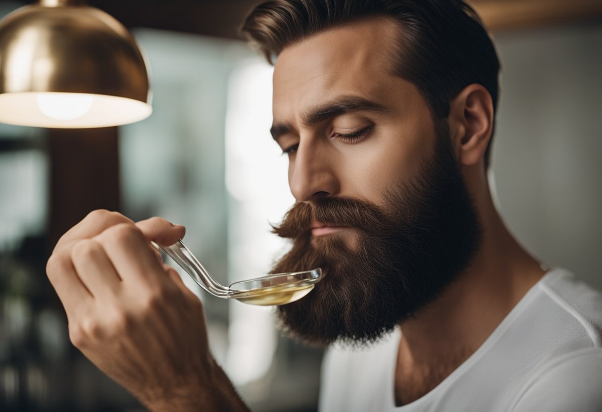 A bearded man applies coconut oil to his beard, making it shiny and well-groomed. He follows a daily routine for optimal beard care