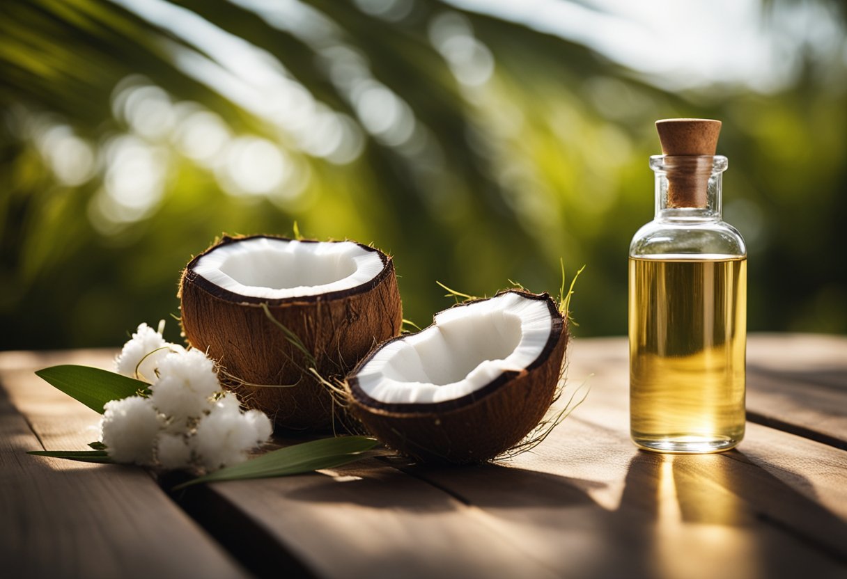 A bottle of coconut oil sits on a wooden countertop, next to a comb and a neatly trimmed beard. The oil glistens in the light, promising a nourishing and shiny beard