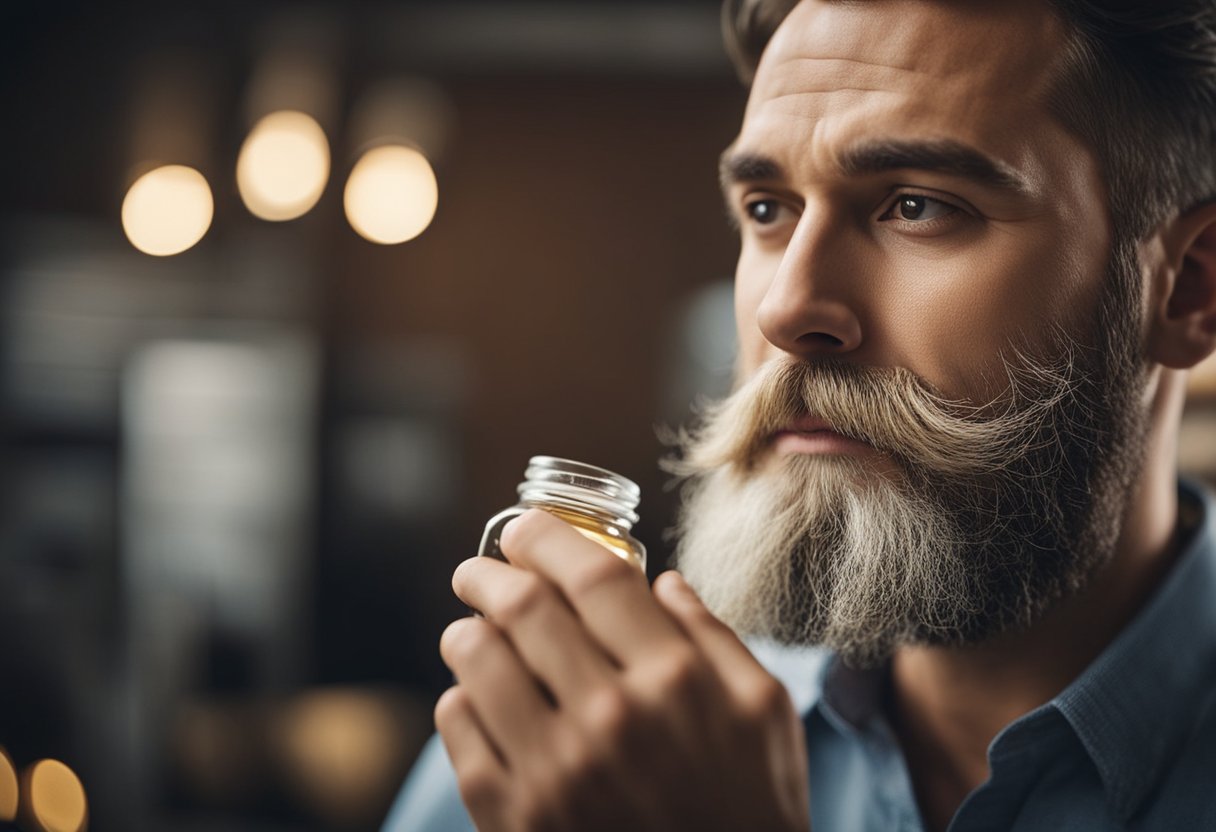 A coconut oil bottle surrounded by various grooming products, with a shiny beard in the background, illustrating the use of coconut oil for optimal beard care