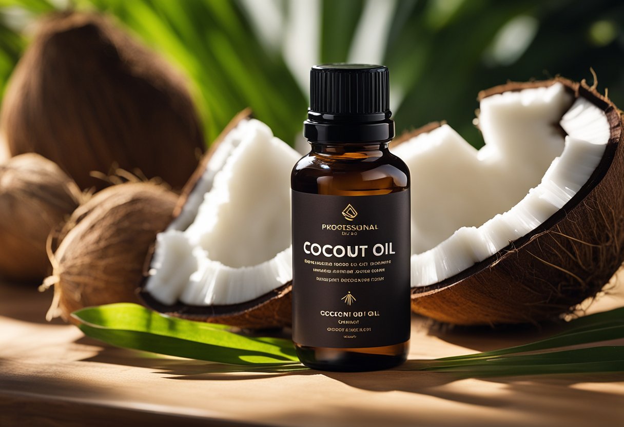 A bottle of coconut oil sits on a wooden table next to a neatly trimmed beard. The oil glistens in the sunlight, showcasing its use for optimal beard care