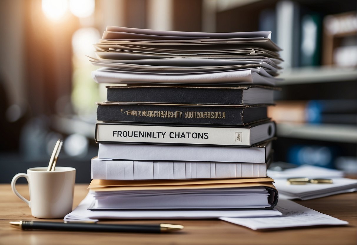 A stack of papers with "Frequently Asked Questions Schütthaar" printed on top, surrounded by various office supplies