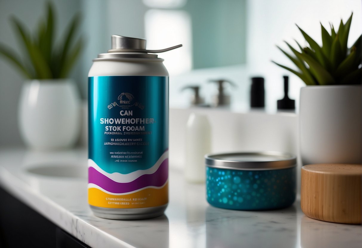 A can of shower foam with unique labeling and vibrant colors sits on a clean, white bathroom shelf