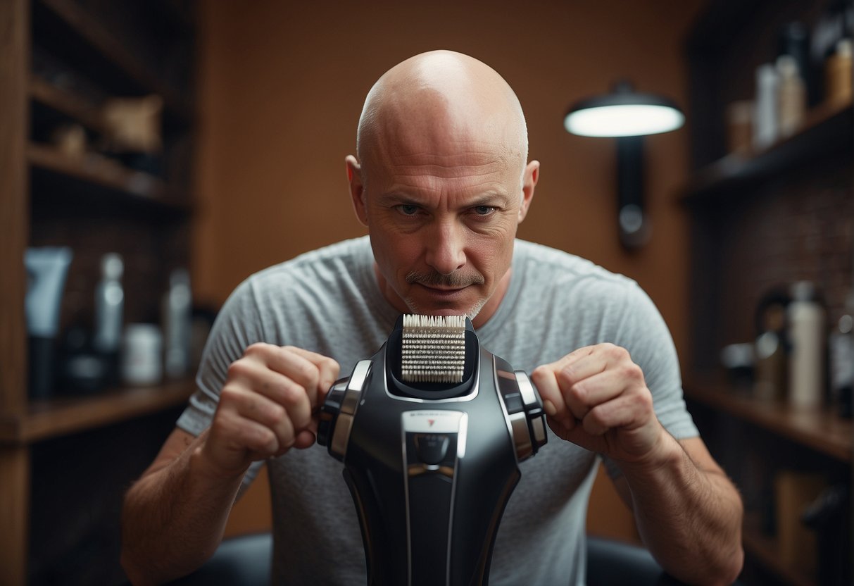 A bald head being shaved with a top-rated electric shaver, surrounded by positive product reviews and "best in test" accolades