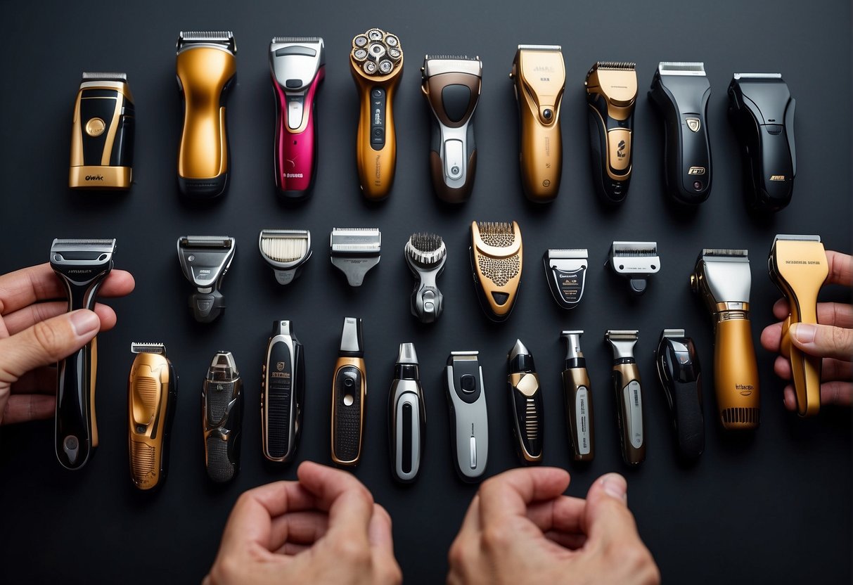 A hand holding a selection of different bald head shavers, with various features and designs, displayed on a clean, well-lit surface for comparison