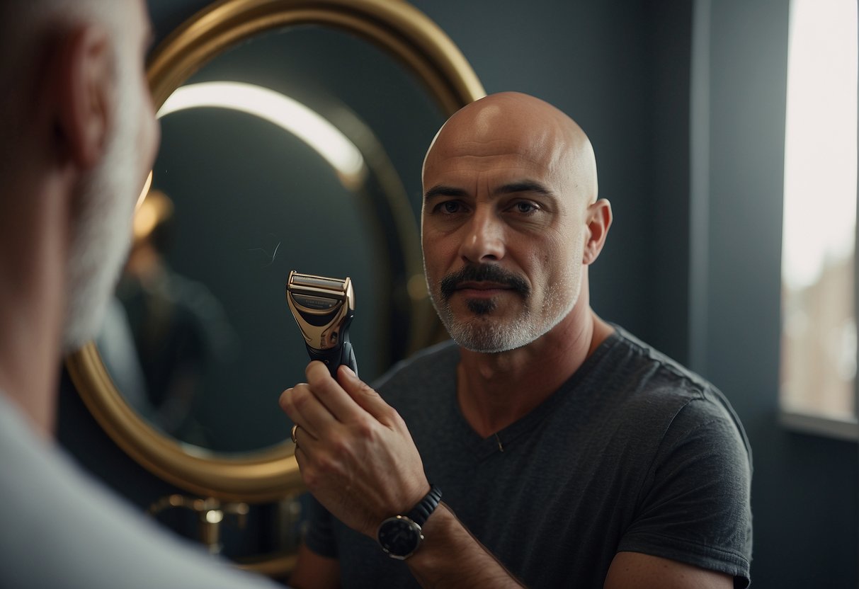 A bald man shaving his head with a razor, surrounded by discarded hair and a mirror reflecting his satisfied expression