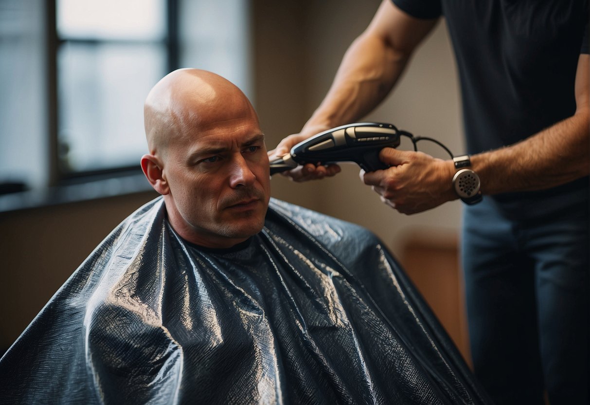 A shiny bald head being shaved with a razor