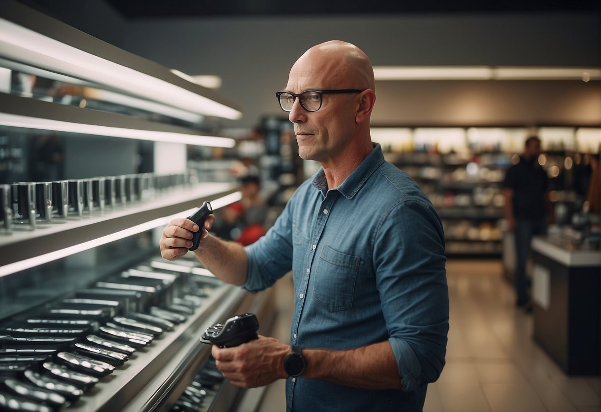 A bald man choosing between different electric razors in a well-lit store