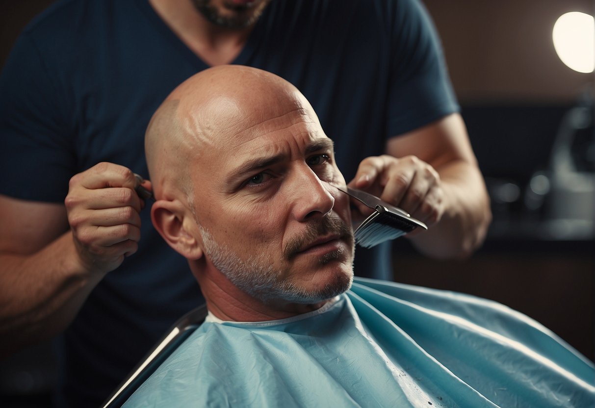 A bald head being shaved with a razor, with additional tips and advice displayed around the scene