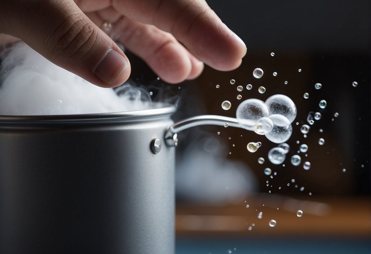 A hand presses a button on a can of Frequently Asked Questions Duschschaum, releasing a cloud of foamy, fragrant bubbles into the air