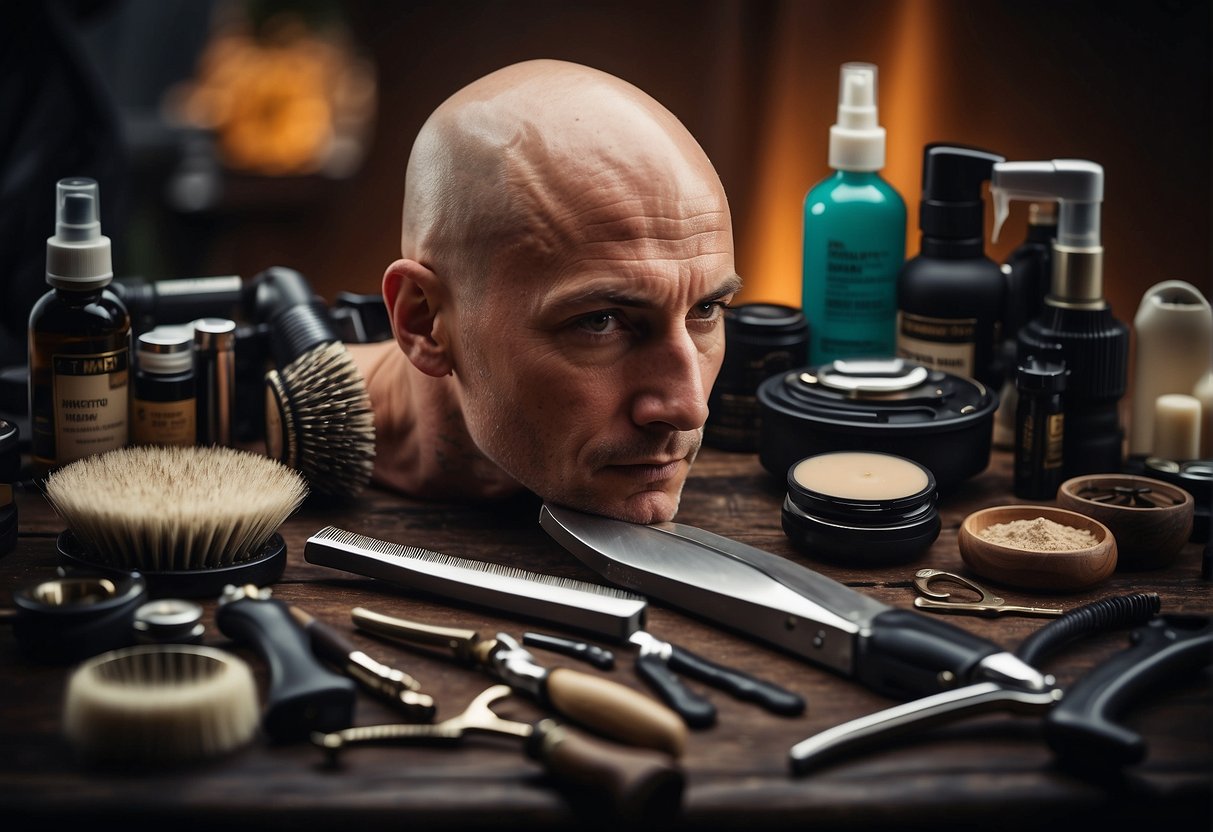 A bald head being shaved with a razor, surrounded by maintenance tools and products