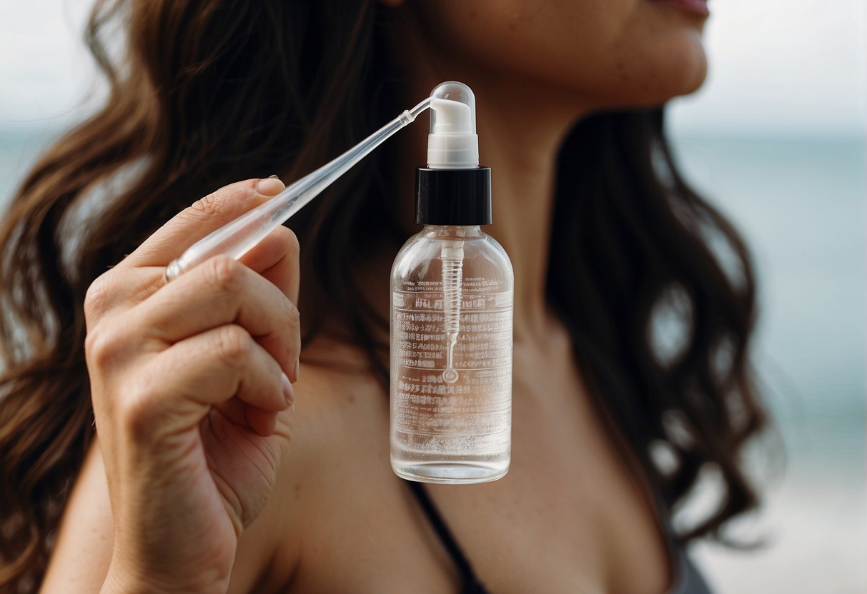 A hand holding a bottle of hair serum, applying drops onto a strand of hair