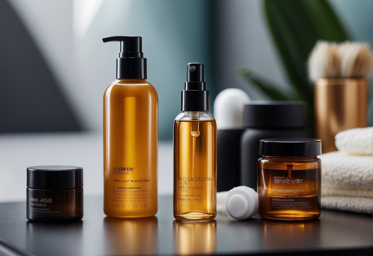 A bottle of hair serum surrounded by various hair care products and a sleek, modern background