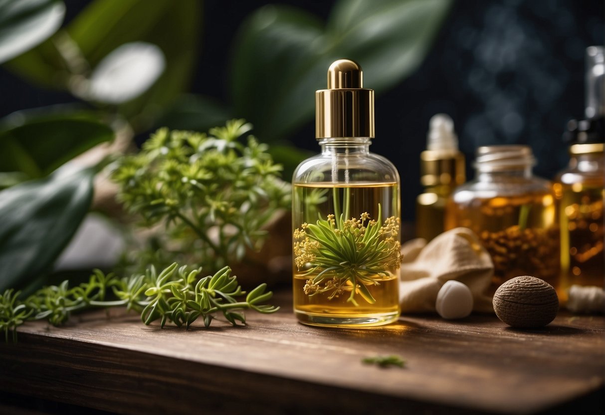 A bottle of hair serum surrounded by botanical ingredients and scientific equipment