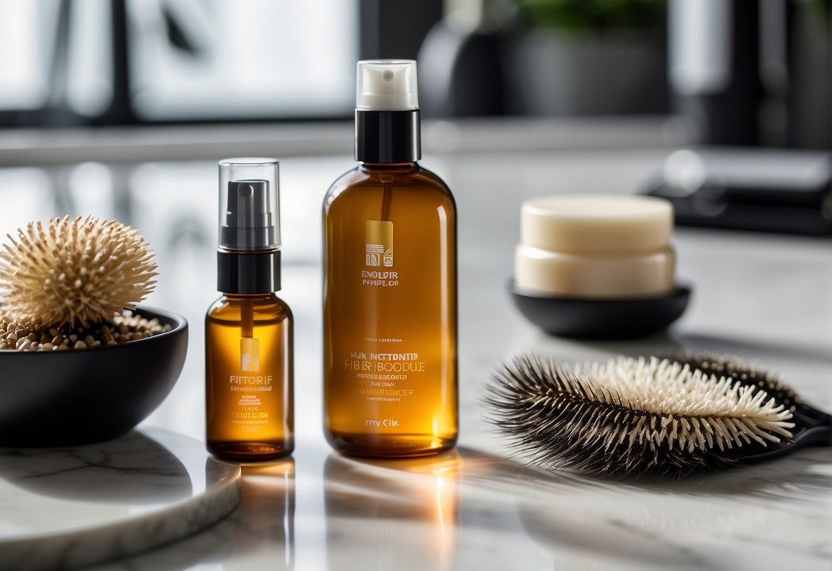 A bottle of hair serum surrounded by various hair care products on a clean, white countertop