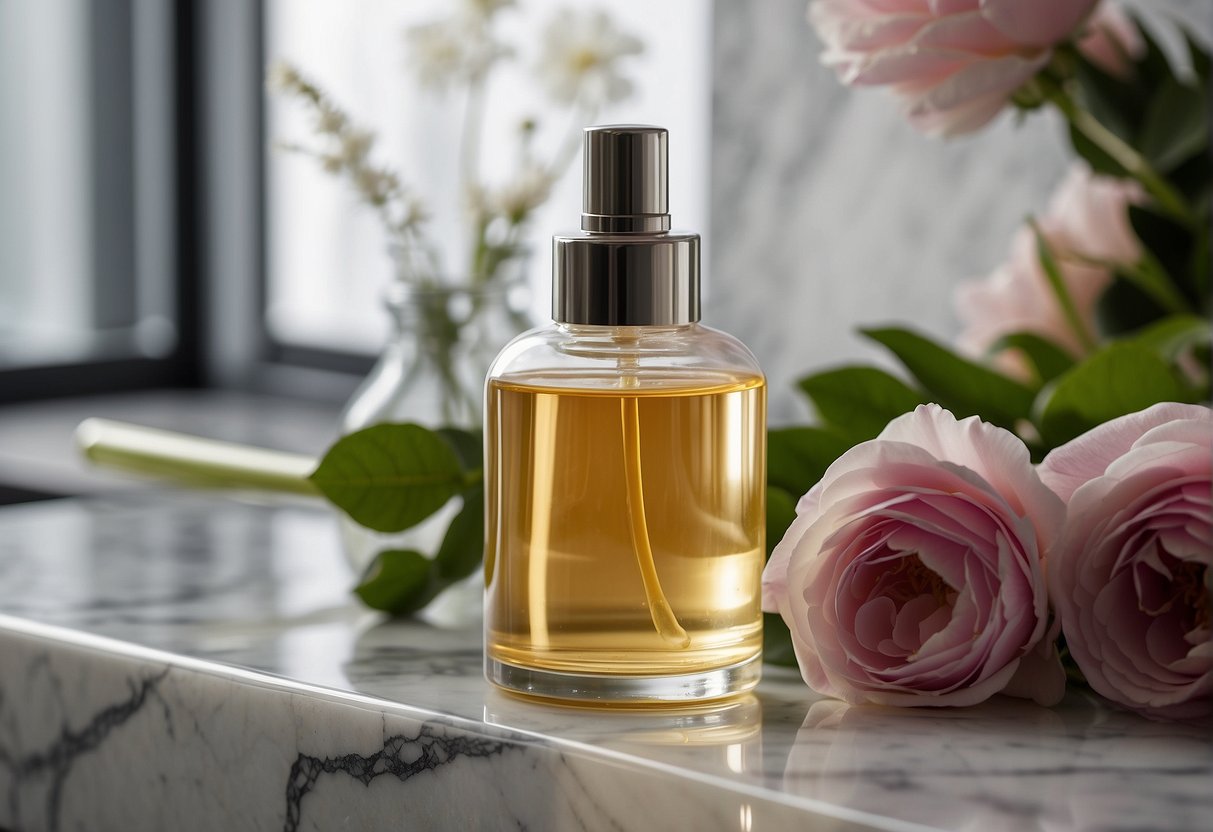 A glass bottle of haarserum sits on a marble countertop, surrounded by fresh flowers and a soft towel