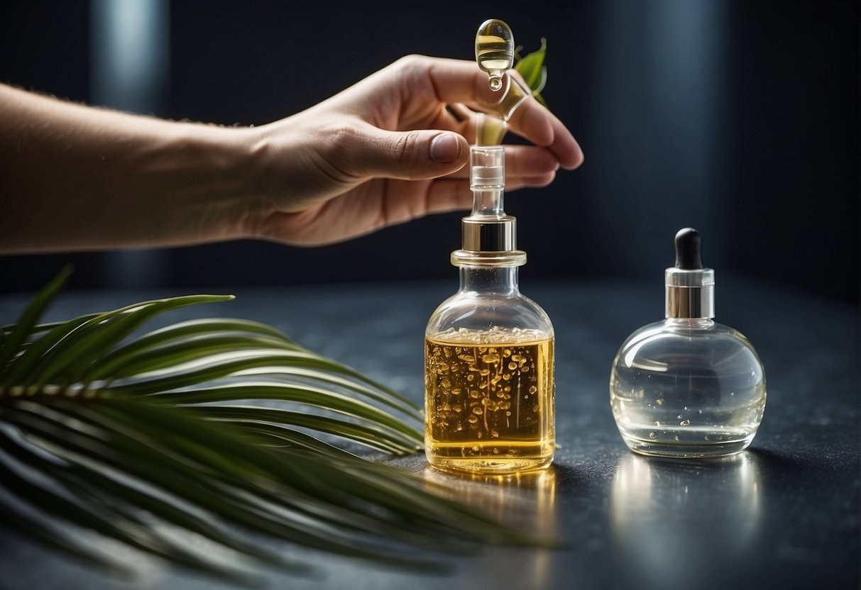 A hand pours hair serum onto a palm, with a bottle and a few drops of serum in the background