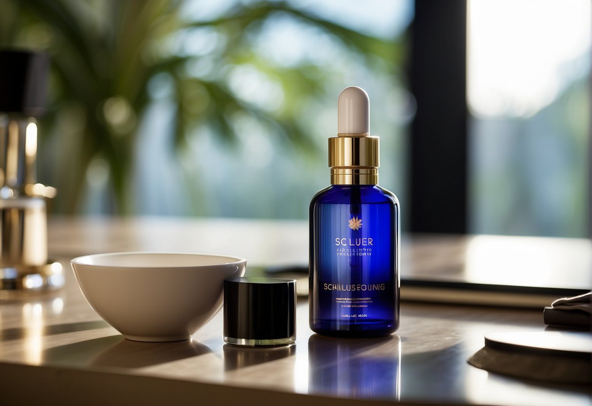 A bottle of "Schlussfolgerung Haarserum" sits on a sleek, modern vanity. The room is filled with natural light, casting a soft glow on the product