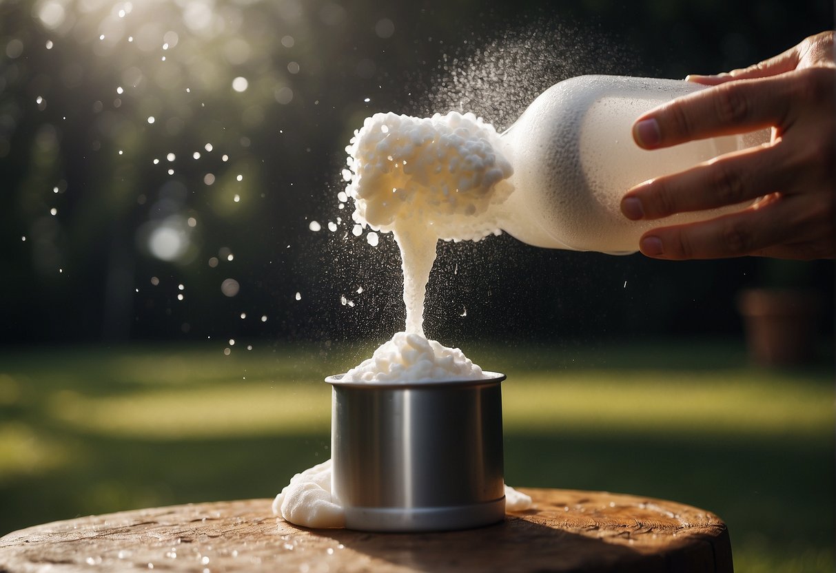 A can of shower foam spraying onto a hand, creating a lather