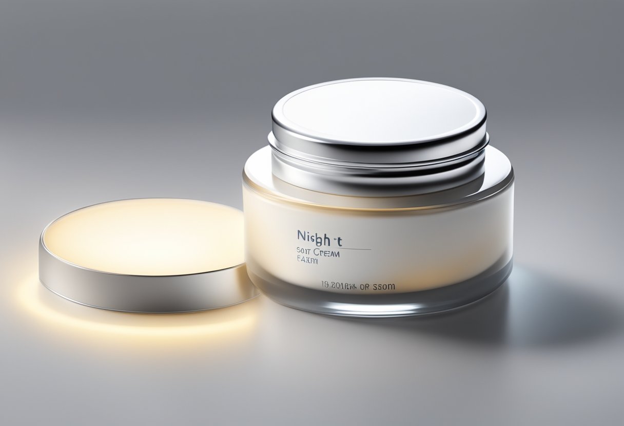 A jar of night cream sits on a clean, white surface with a soft, ambient light glowing from above