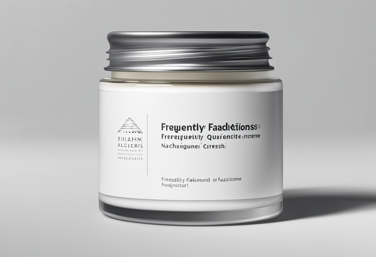 A jar of "Frequently Asked Questions nachtcreme" sits on a clean, minimalist vanity. Soft lighting highlights the sleek, modern packaging