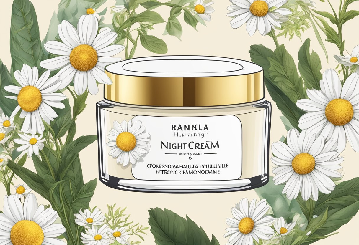 A jar of night cream surrounded by botanical ingredients and their corresponding effects, such as soothing chamomile and hydrating hyaluronic acid