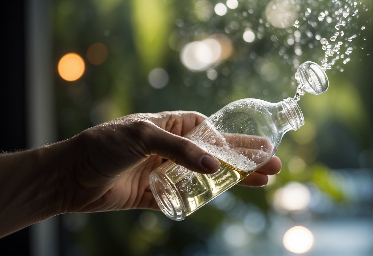 A hand reaches for a bottle of Duschschaum, surrounded by steam and water droplets, with a serene and relaxing atmosphere