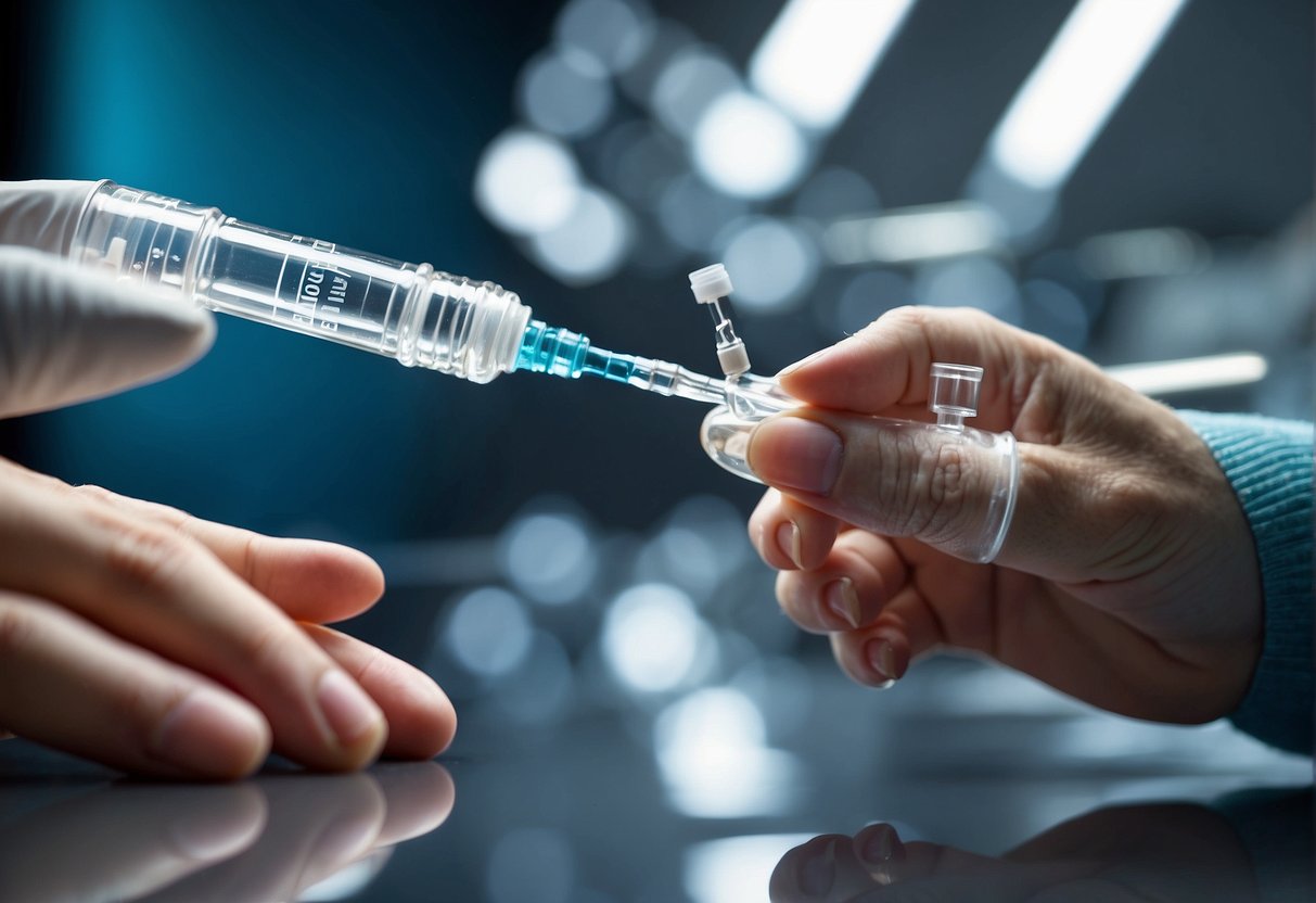 A hand holding a Hyaluron Pen, with a vial of hyaluronic acid nearby and a syringe for refilling