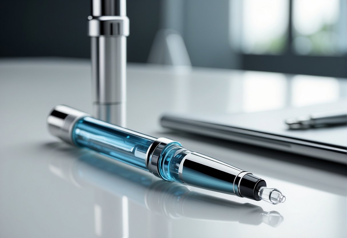 A Hyaluron Pen sits on a clean, white surface with a vial of hyaluronic acid nearby. The pen is sleek and modern, with a clear chamber for the liquid and a small, precise needle at the tip