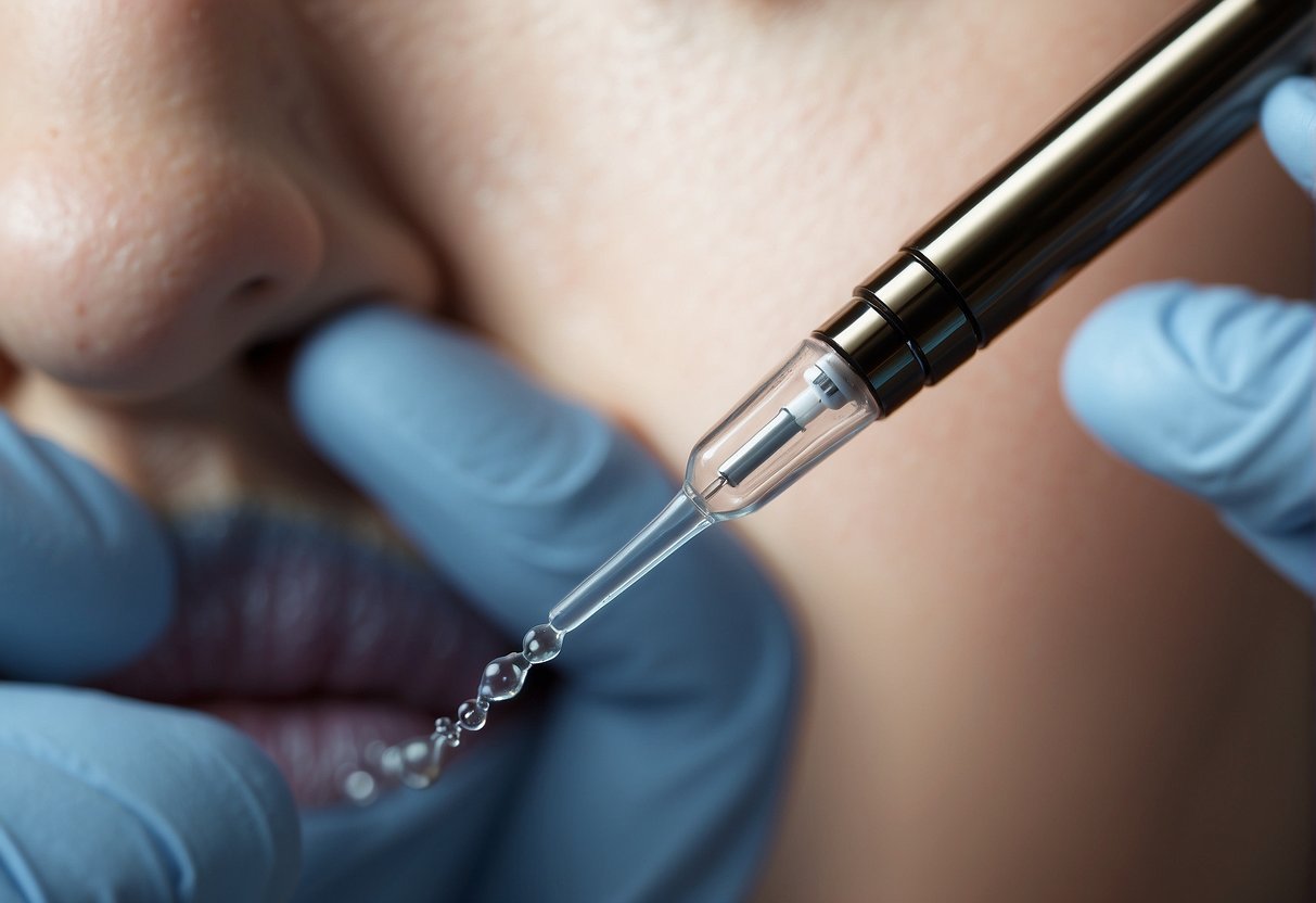 Hyaluron Pen in use, with a small amount of hyaluronic acid being injected into the skin, creating a plumping effect