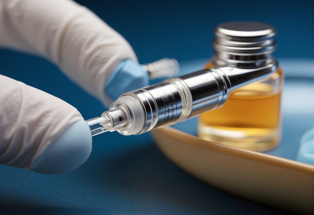 The Hyaluron Pen in use, with a small vial of hyaluronic acid next to it. A needleless injection is being administered into the skin