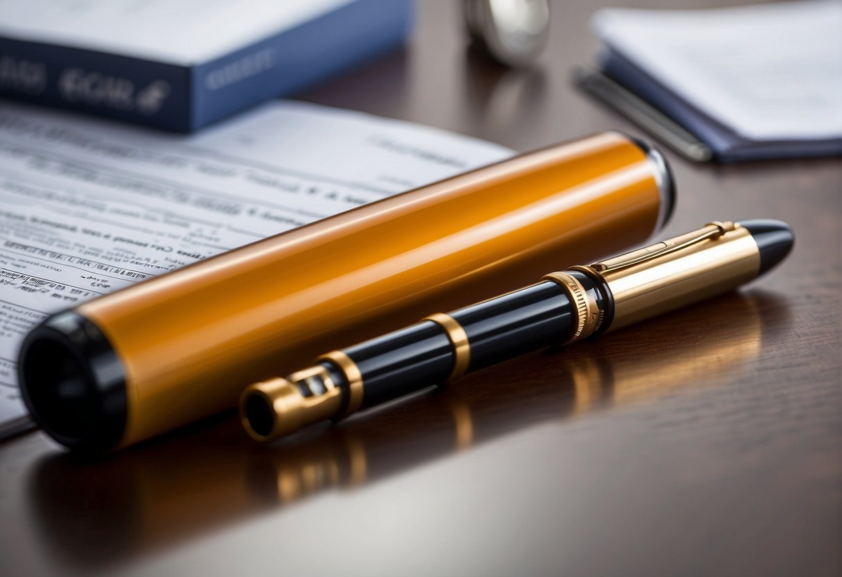 The FDA statement and approvals for the Hyaluron Pen are displayed on a desk, surrounded by various medical documents and a pen