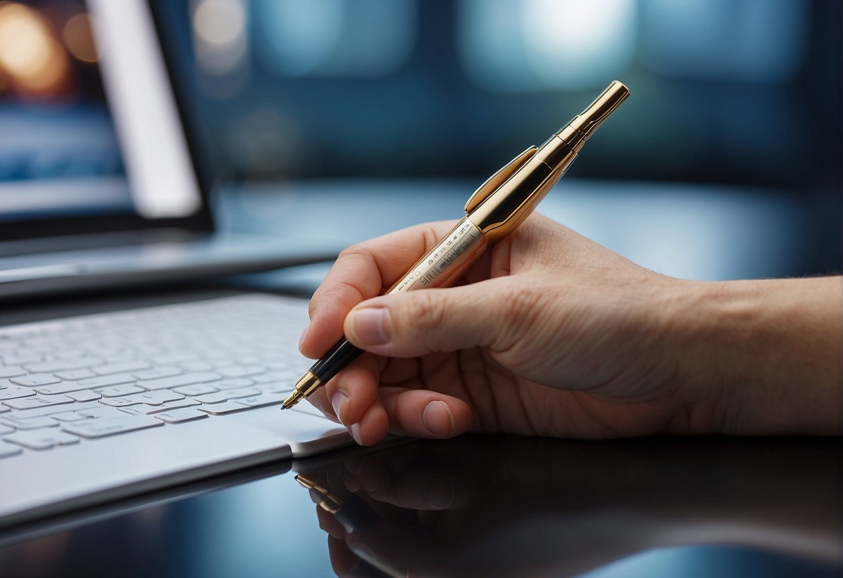 A hand holding a hyaluron pen with a backdrop of frequently asked questions about the pen