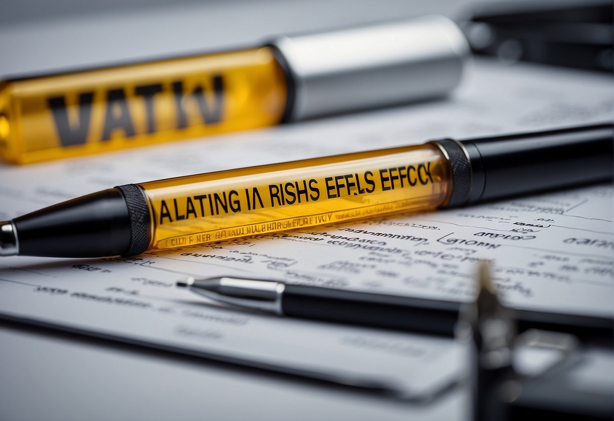 A Hyaluron Pen surrounded by warning signs and caution symbols, with a list of potential risks and side effects in German