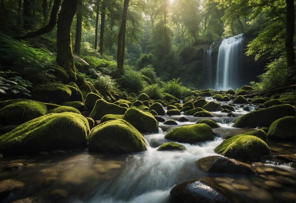 A lush forest with a clear stream, birds chirping, and a waterfall. Eco-friendly packaging and natural ingredients are visible