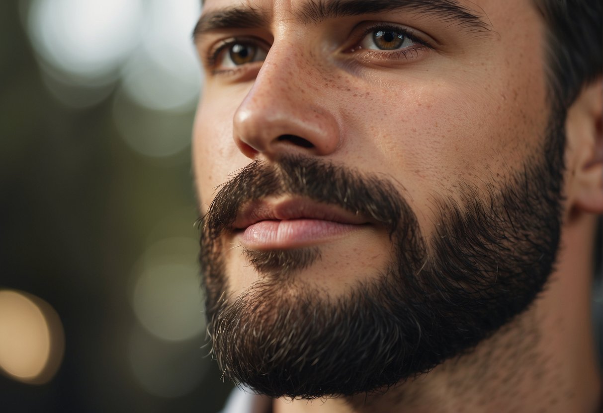 A close-up illustration of a short, well-groomed beard on a man's face. The beard is neatly trimmed and styled, with defined lines and a clean appearance