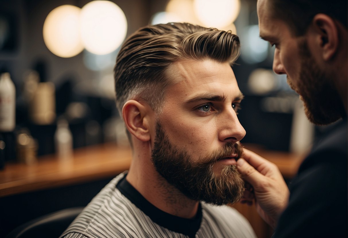 A man's beard being styled and trimmed short