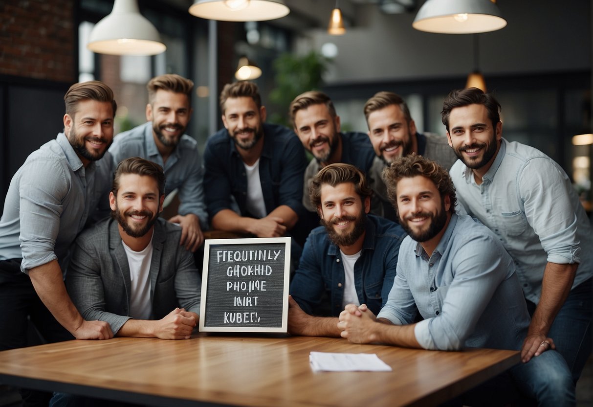 A group of men with short beards gathered around a sign that reads "Frequently Asked Questions Männer Bart kurz."