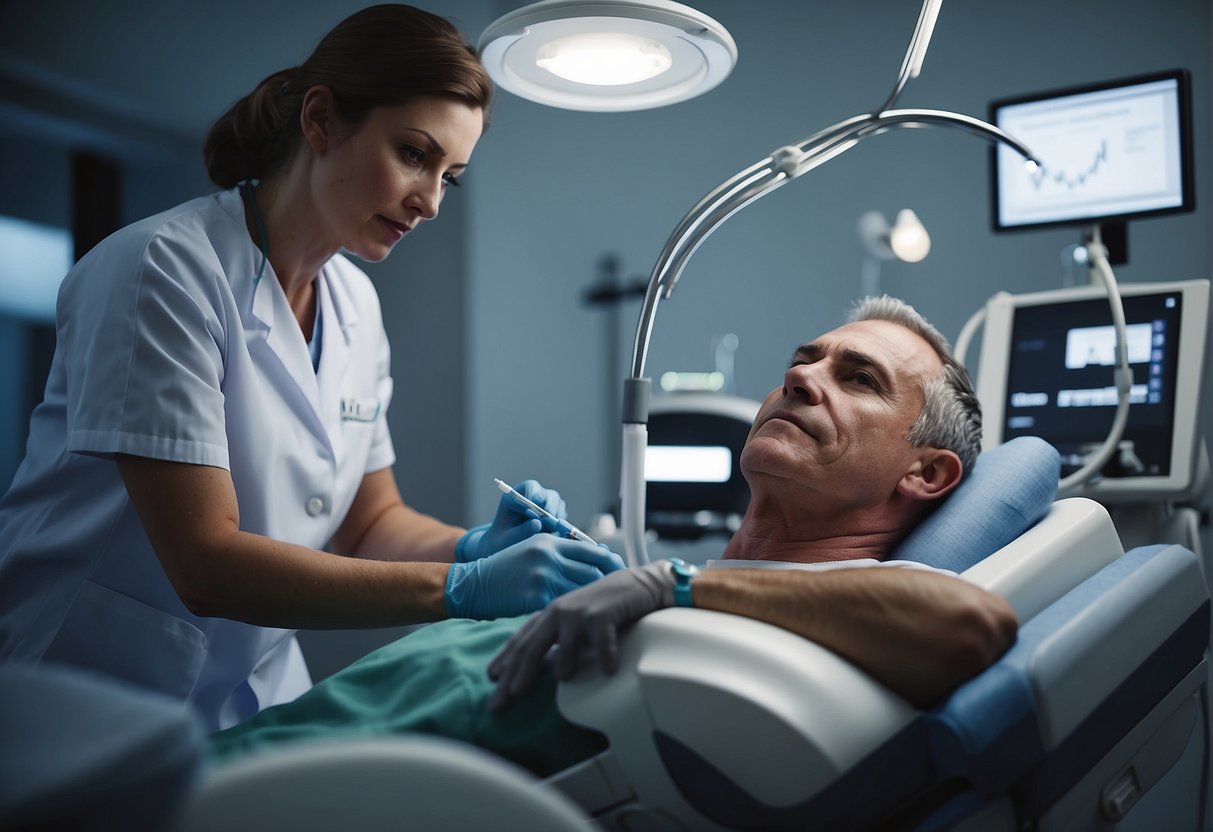 A patient receiving PRP therapy in a clinic setting, with a medical professional administering the treatment using specialized equipment