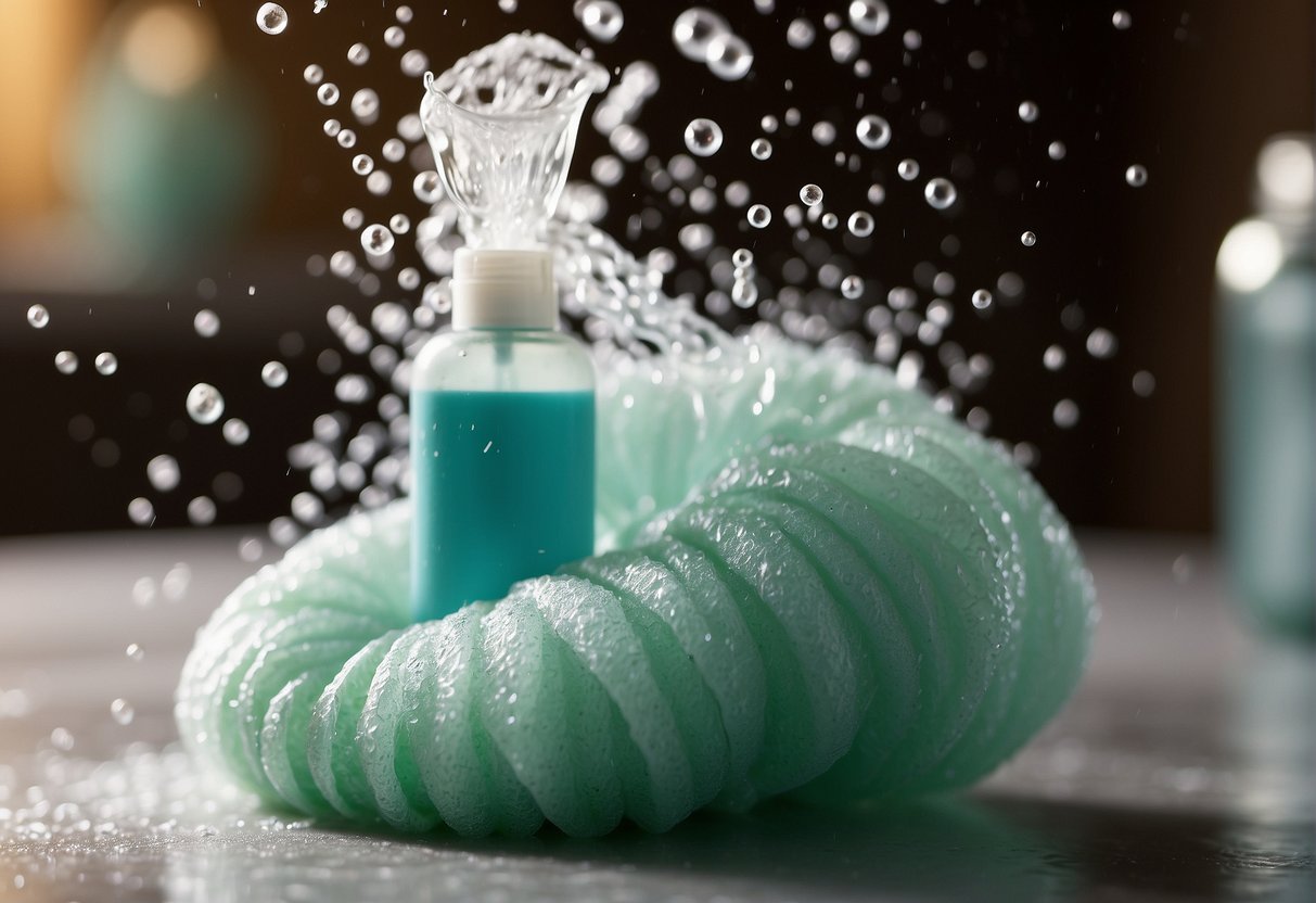 A foamy shower gel squirting from a bottle onto a loofah, creating bubbles and suds