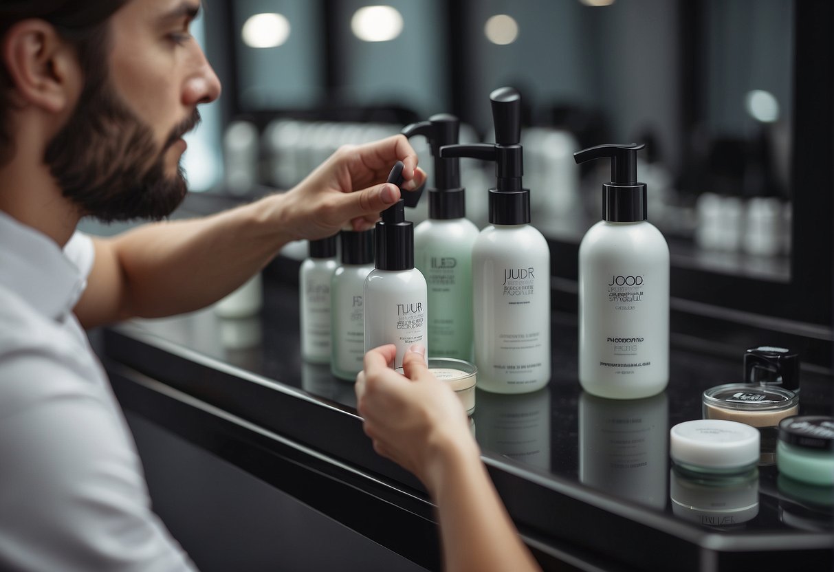 A hand selecting hair care products with a focus on scalp health and ingredients